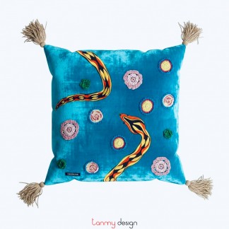 Blue velvet cushion cover with snake embroidery